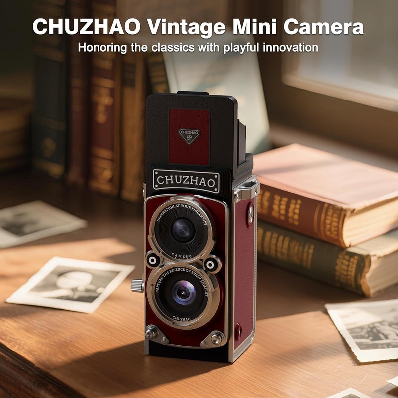 JOYTRIP CHUZHAO Vintage Mini Digital Camera, Portable TLR Style Retro Point and Shoot Compact Small Pocket 1080P FHD Video 12MP Autofocus Vlogging Camera with 16 GB Card for Beginners Teens Adults Red - Image 2